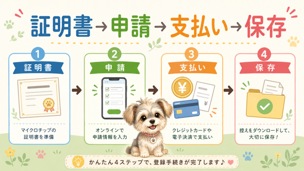 犬のマイクロチップ登録証明書を用意して申請し保存する流れを示した図
