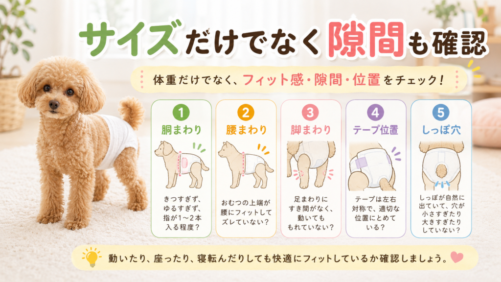 犬のオムツのサイズや脚まわりの隙間を確認する図解