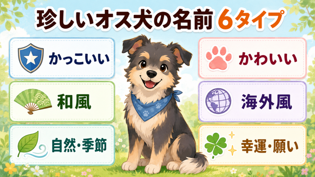 珍しいオス犬の名前をかっこいい・かわいい・和風などに分類した図解
