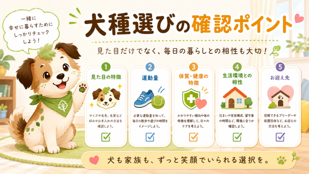 犬種を選ぶときに見た目以外で確認したいポイントをまとめた図解