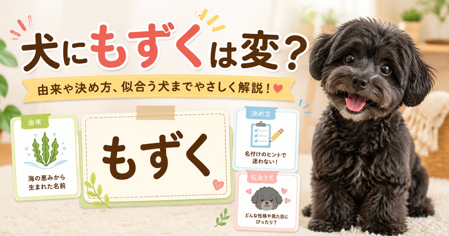 犬にもずくという名前をつけるときの由来や決め方を紹介するアイキャッチ