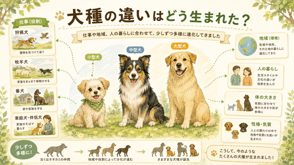 犬の品種改良で犬種の違いが生まれた流れを示す図解