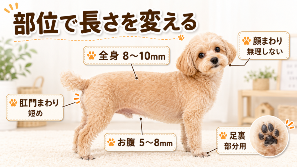 犬のバリカンは部位ごとに長さを変えるイメージ