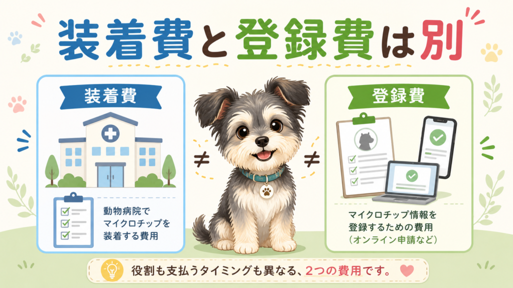 犬のマイクロチップ装着費と登録手数料の違いを整理した図