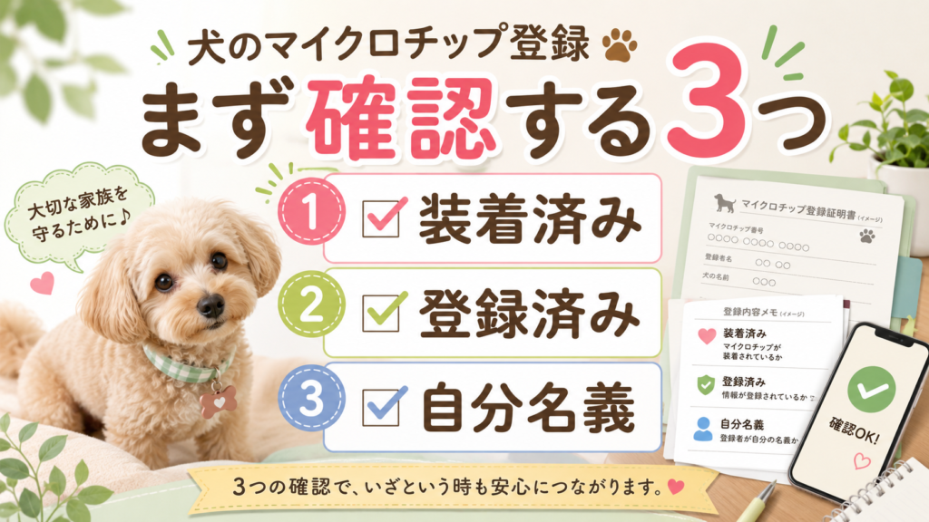 犬のマイクロチップ登録で装着済み・登録済み・自分名義を確認する図