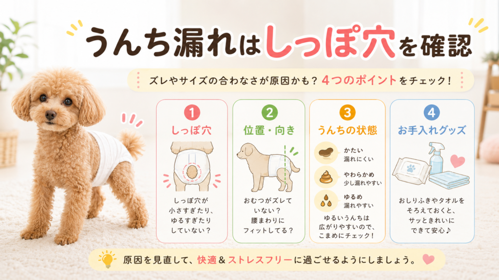 犬のオムツでうんちが漏れるときのしっぽ穴確認図