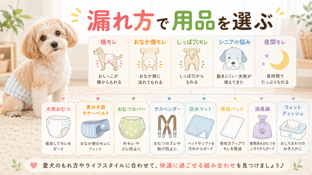 犬のオムツ漏れ対策に使う補助用品を整理した図解