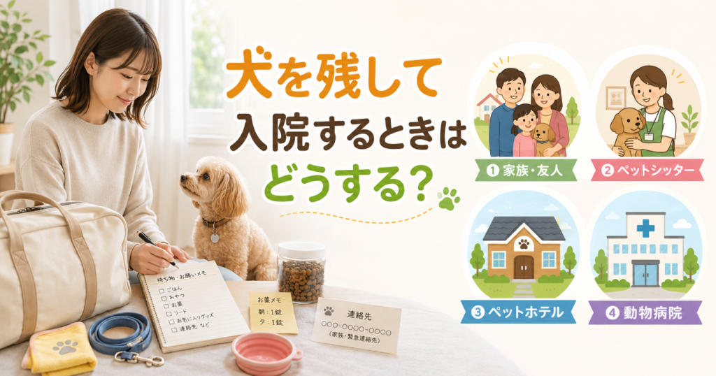 犬を残して入院するときの預け先と必要な準備を示した画像
