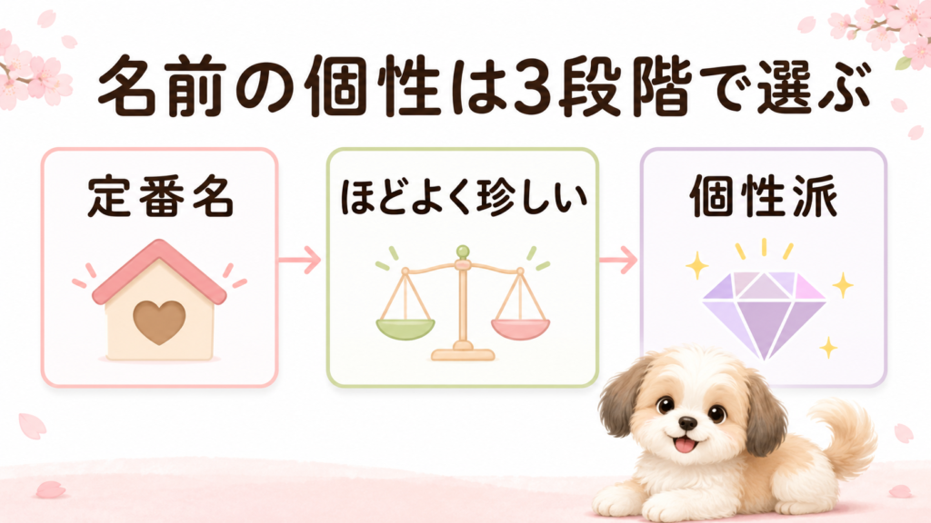犬の名前を定番名・ほどよく珍しい名前・個性派に分けた比較図
