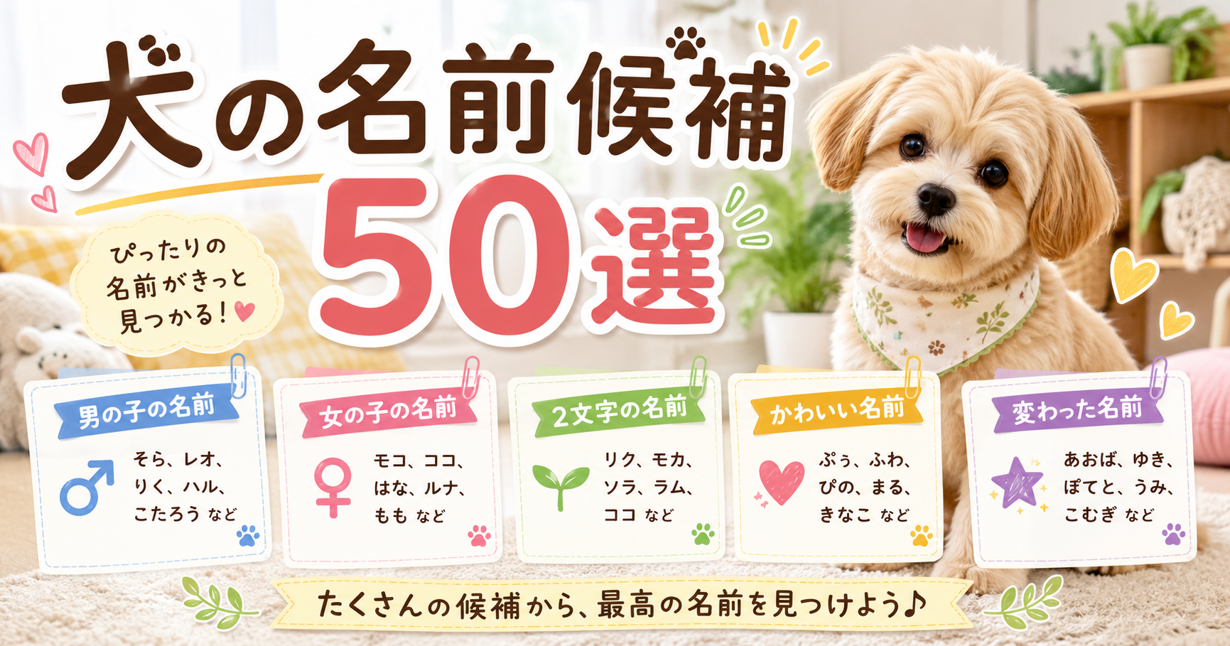 犬の名前候補50選を紹介するアイキャッチ画像