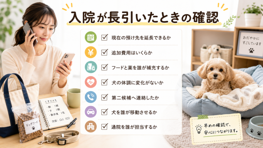 犬の預け先を延長または変更するときの確認事項を整理した図