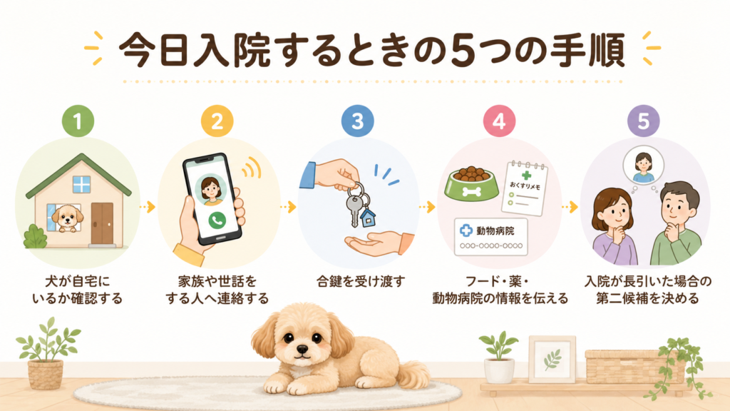犬を残して急に入院するときの行動手順を整理した図