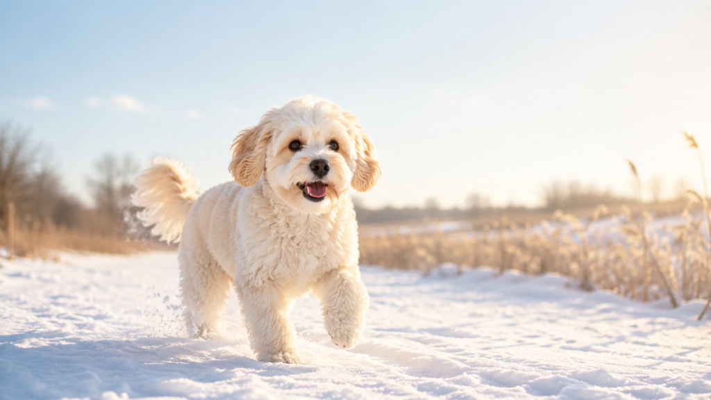 明るい雪景色を歩く白い犬と冬を連想する名前のイメージ