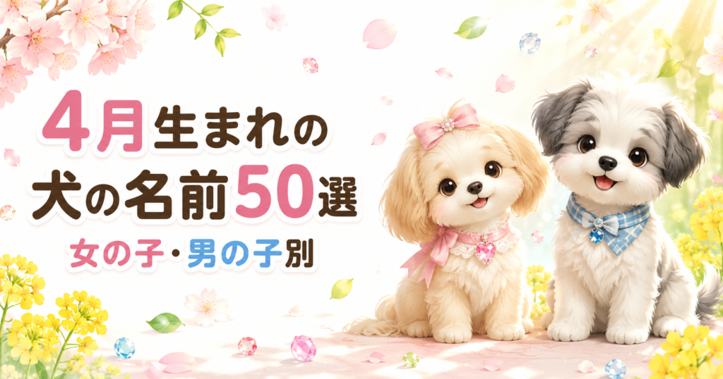 4月生まれの犬の名前50選を女の子・男の子別に紹介する記事のアイキャッチ