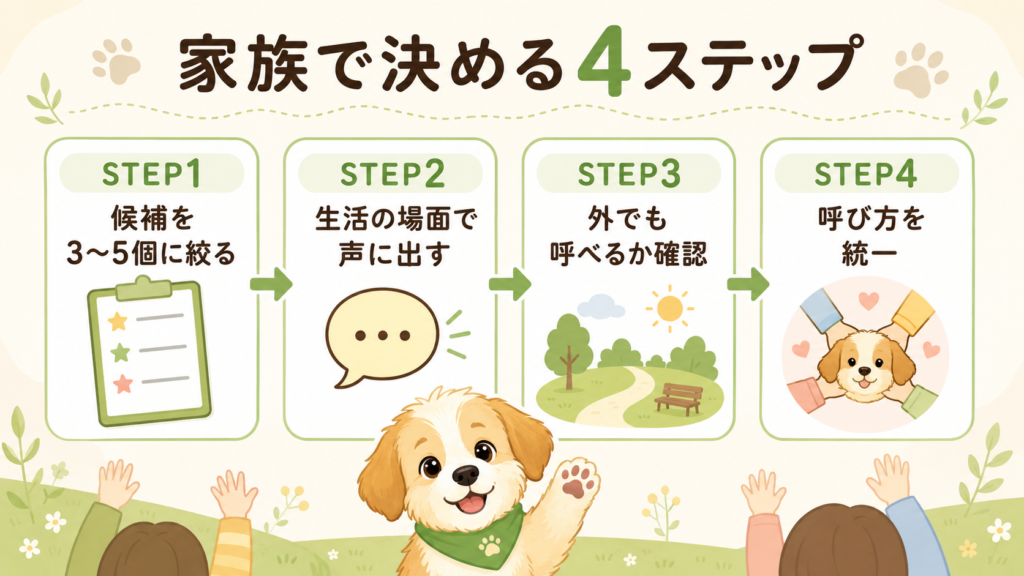 家族で犬の名前を決める4ステップの図解