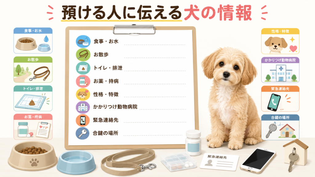 犬を預ける人に伝える食事や薬などの情報を整理した図