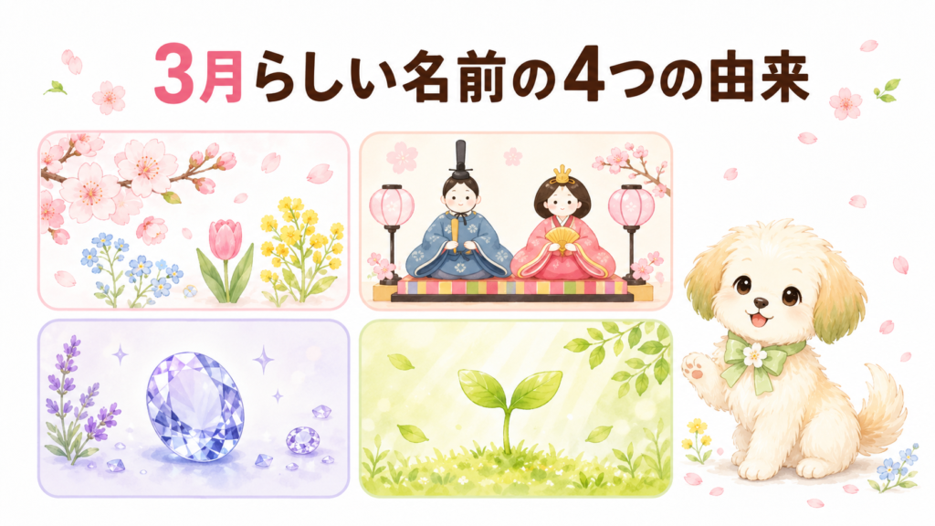 3月らしい犬の名前を花・行事・誕生石・春の光に分類した図解