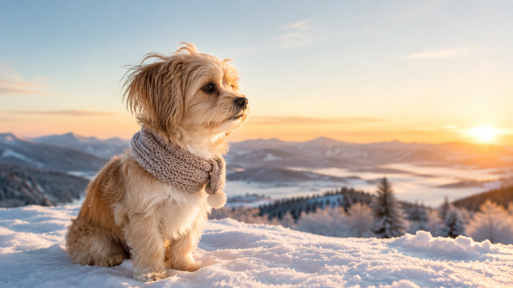 冬の朝日を見つめる犬と新年や光を連想する名前のイメージ