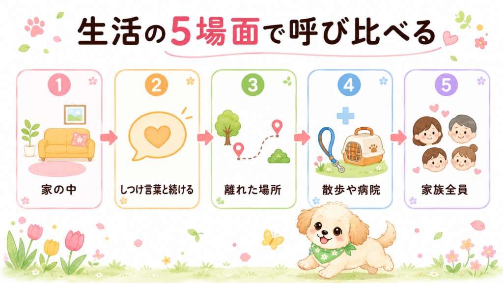 犬の名前候補を生活の5場面で呼び比べる手順