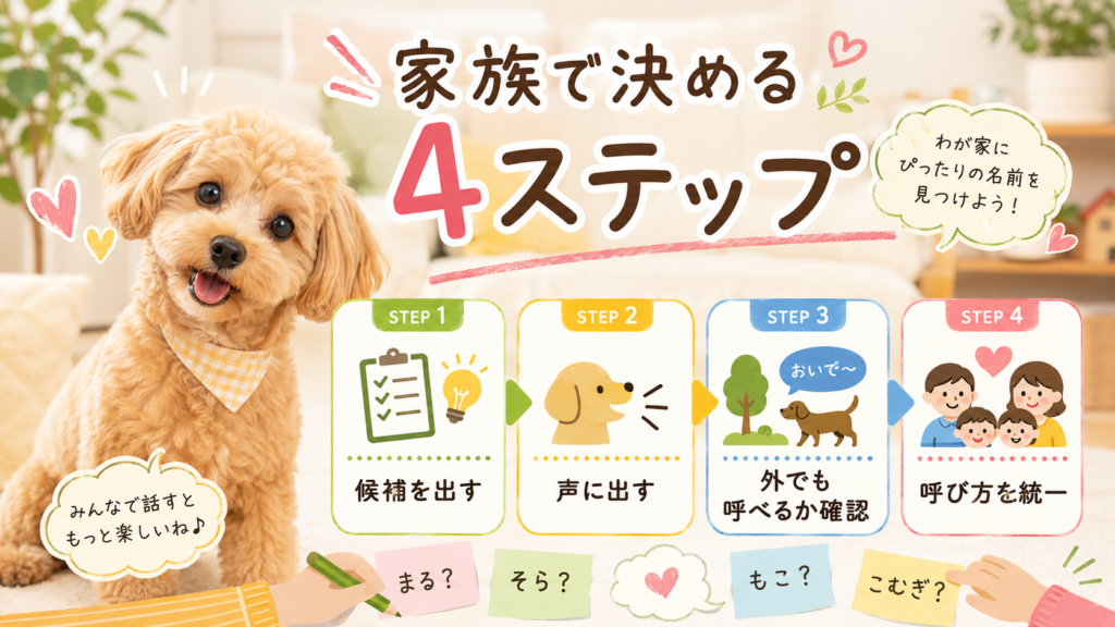 家族で犬の名前を決める流れを示した図解