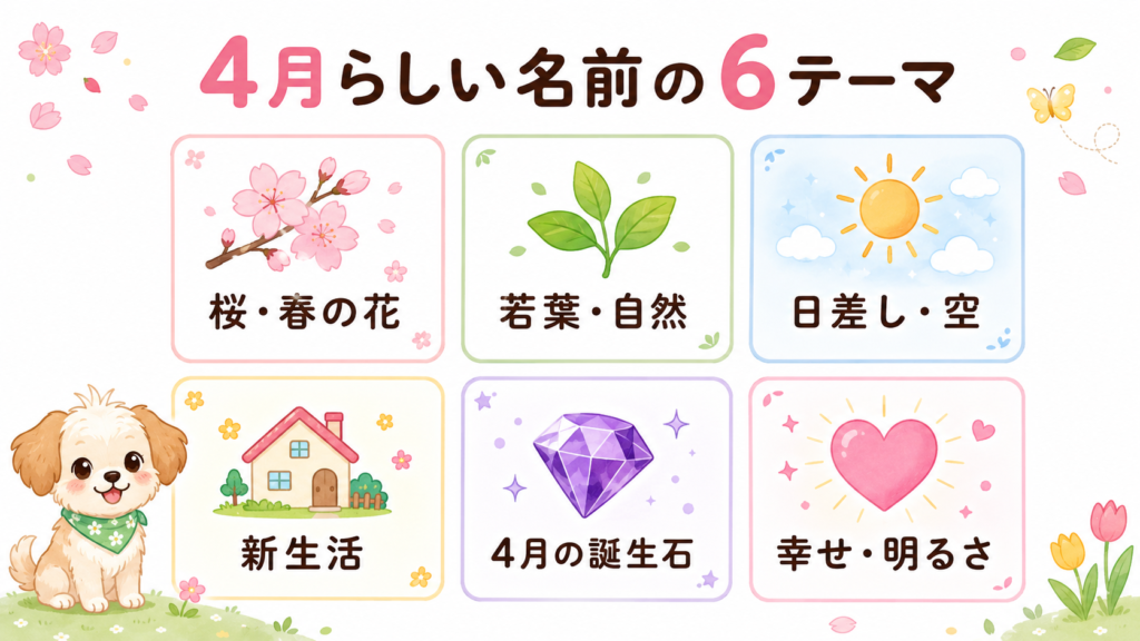 4月生まれの犬の名前を6つのテーマに分類した図解
画像内文字