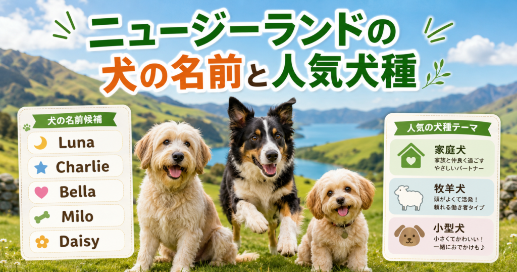 ニュージーランド風の犬の名前と人気犬種を紹介するアイキャッチ画像
