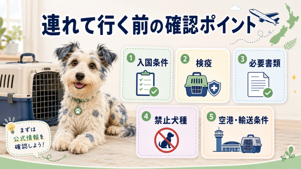 犬をニュージーランドへ連れて行く前に確認するポイントをまとめた図解