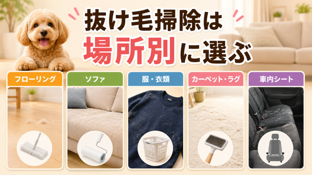 犬の抜け毛掃除を場所別に整理した図