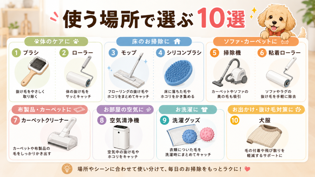 犬の抜け毛掃除グッズ10選を用途別に整理した図