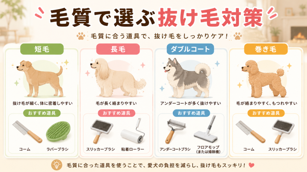 犬の毛質別に抜け毛掃除グッズを整理した図