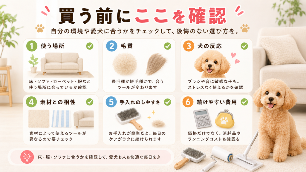 犬の抜け毛掃除グッズを買う前の確認ポイントを整理した図