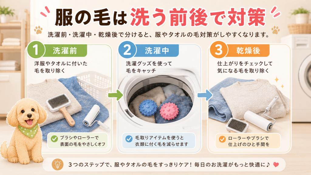 犬の毛が付いた衣類やタオルの洗濯前後の対策を整理した図