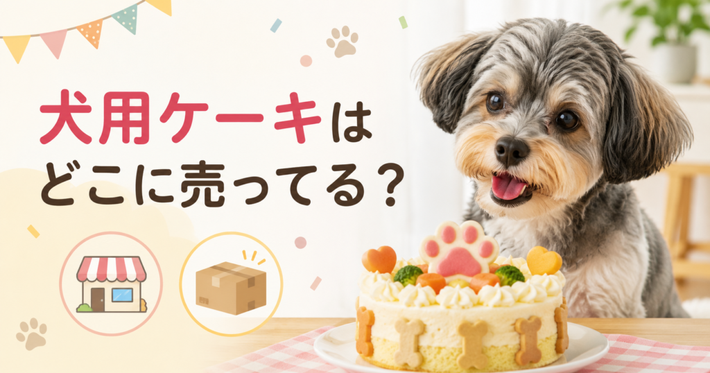 犬用ケーキを前にした犬と店舗や通販での購入を表すアイキャッチ