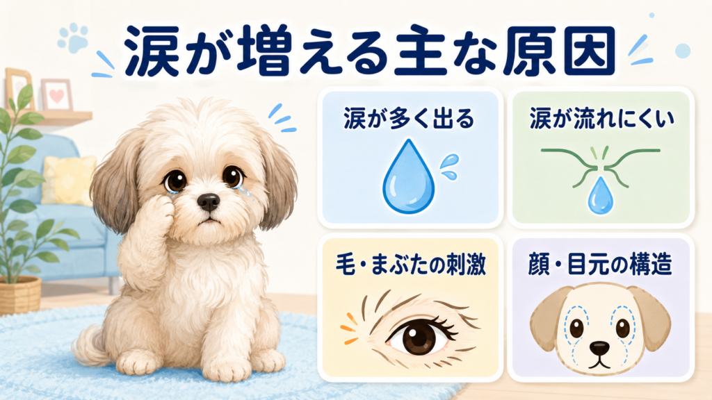 犬の涙が増える原因を涙の過剰分泌や鼻涙管の問題などに分けた図解