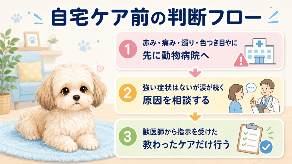 犬の涙やけで自宅ケアと動物病院への相談を判断する流れ