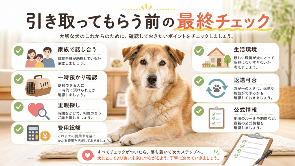 犬を引き取ってもらう前の最終チェックを分かりやすく整理した図