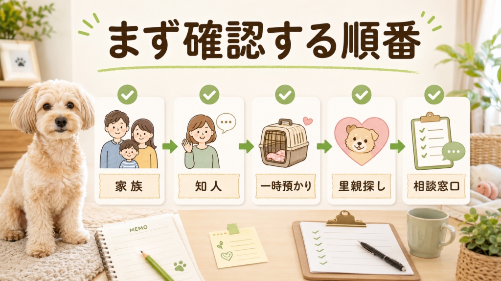 犬を引き取ってくれる施設を探す前に確認する順番を整理した図