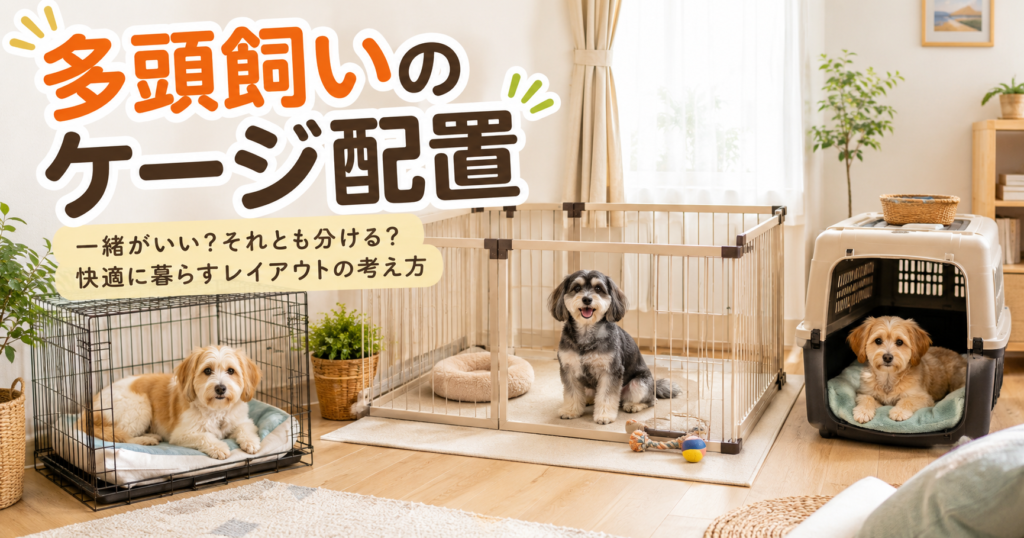 多頭飼いの犬とケージ配置をやさしく示したアイキャッチ画像