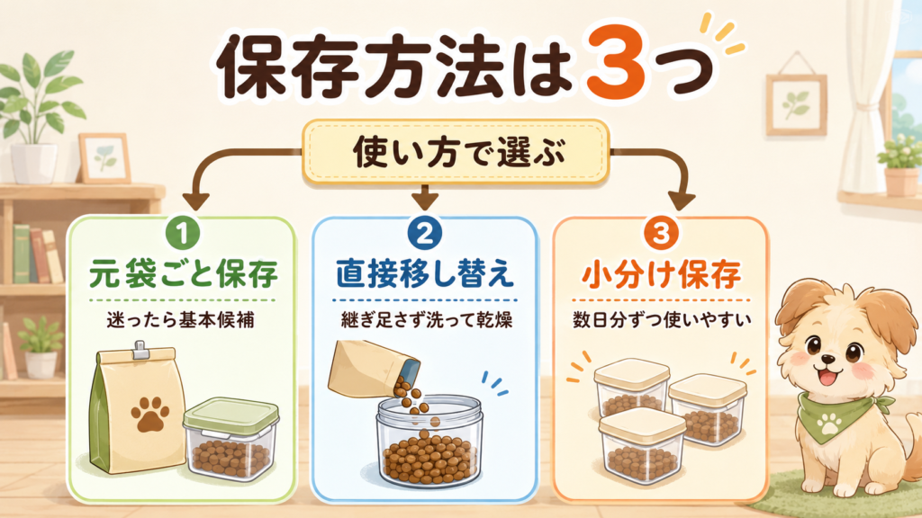 ドッグフードの保存方法を3つの選択肢から判断するフロー