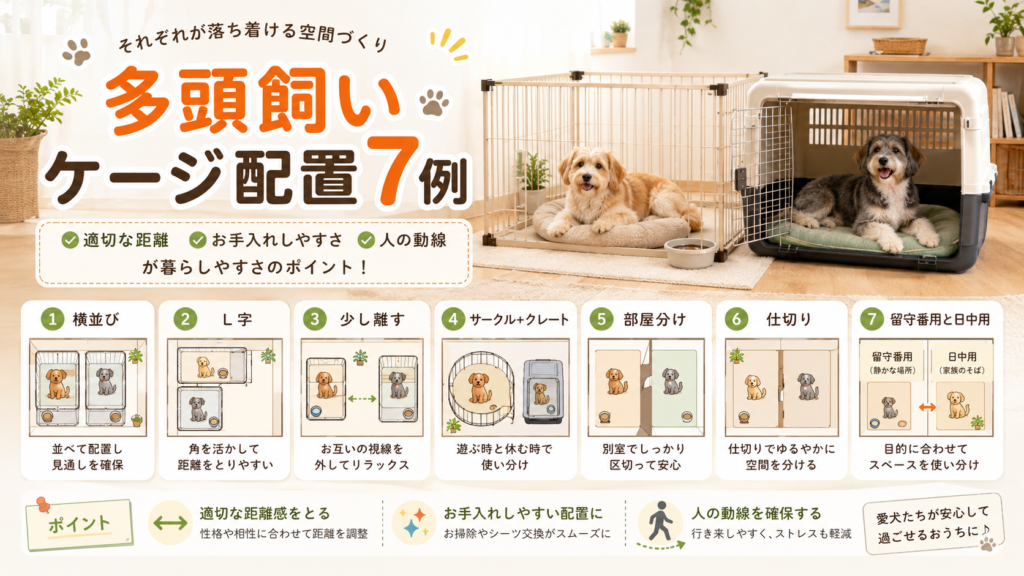 犬の多頭飼いで使いやすいケージ配置7例を整理した図解