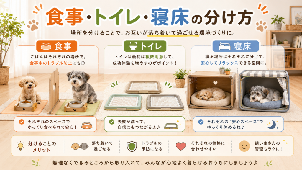 多頭飼いで食事トイレ寝床を分ける考え方の図解