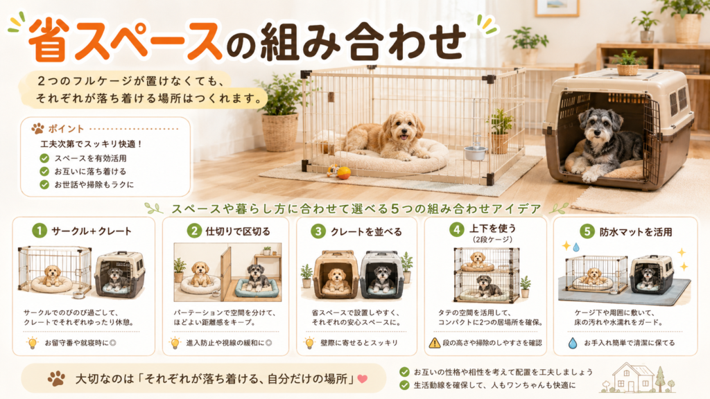 <!-- wp:paragraph -->
<p>alt文：ケージ2台が置けない場合のサークルとクレートの組み合わせ図解</p>
<!-- /wp:paragraph -->