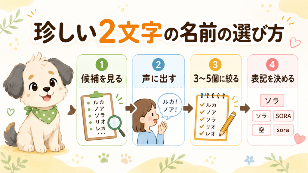 珍しい2文字の犬の名前を選ぶ流れを整理した図解