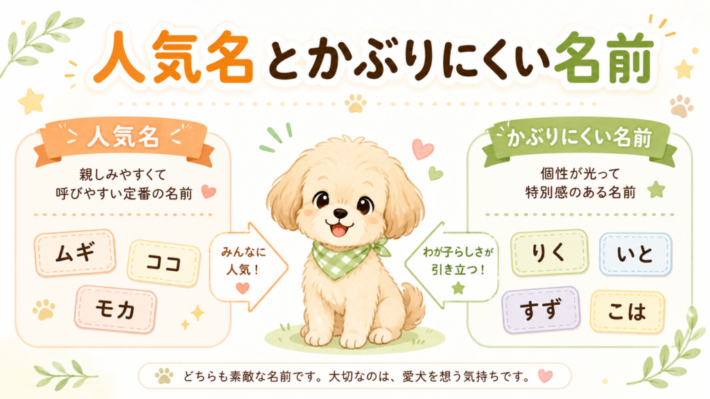 人気の犬の名前と珍しい2文字名の違いを示した図解