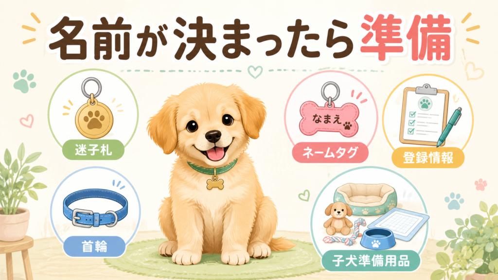 犬の名前が決まった後に迷子札や登録情報を確認する図