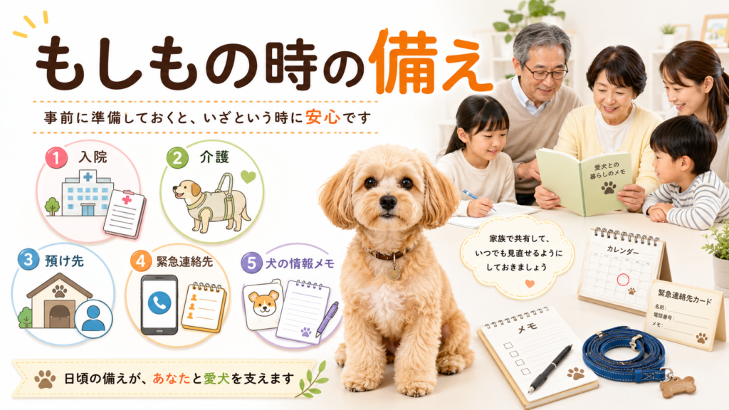 飼い主が入院や介護になった場合に犬を守る準備を整理した図
