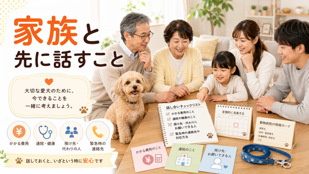 犬を迎える前に家族と費用通院預け先を話し合う様子