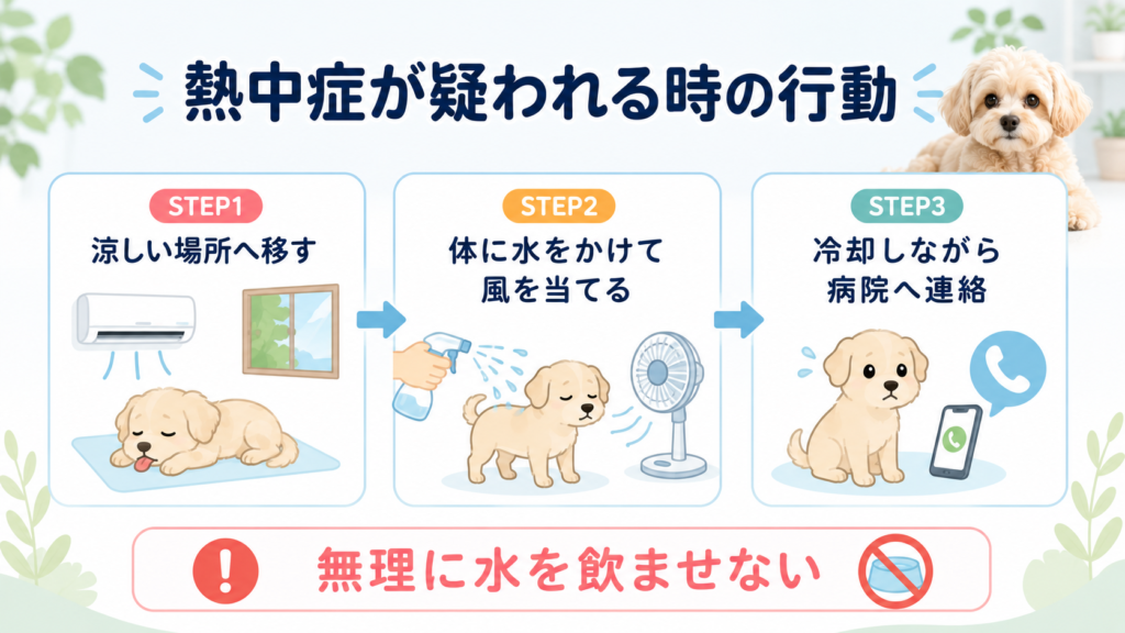 犬の熱中症が疑われる時の冷却と病院連絡の流れ